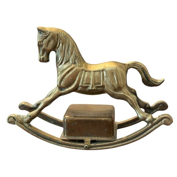VINTAGE SOLID BRASS ROCKING HORSE W/ MUSIC BOX Plays Jingle Bells Holiday Kids - Picture 4 of 5
